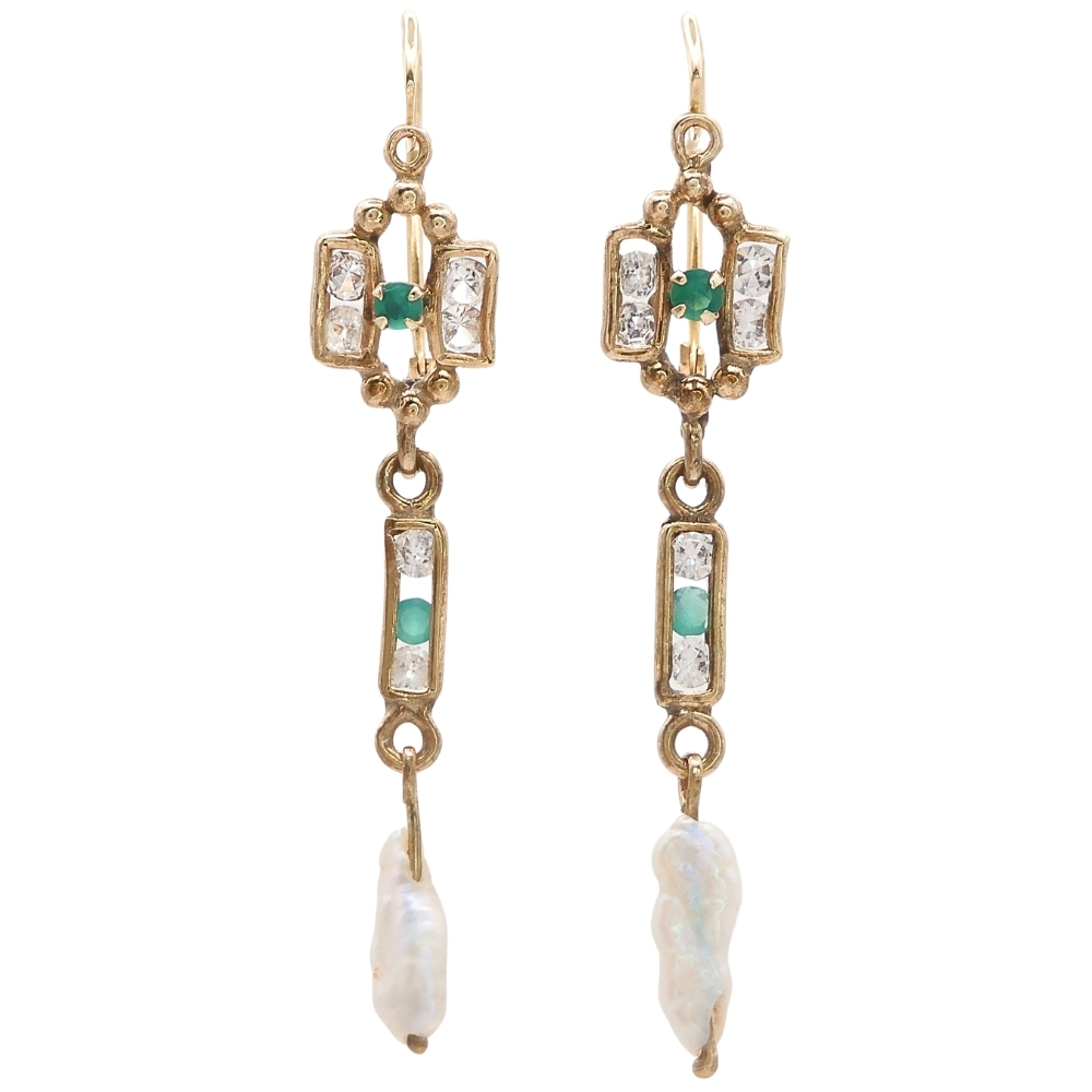 Victorian Era Quartz, Faux Emerald, & Pearl Dangle Earrings 14K Gold