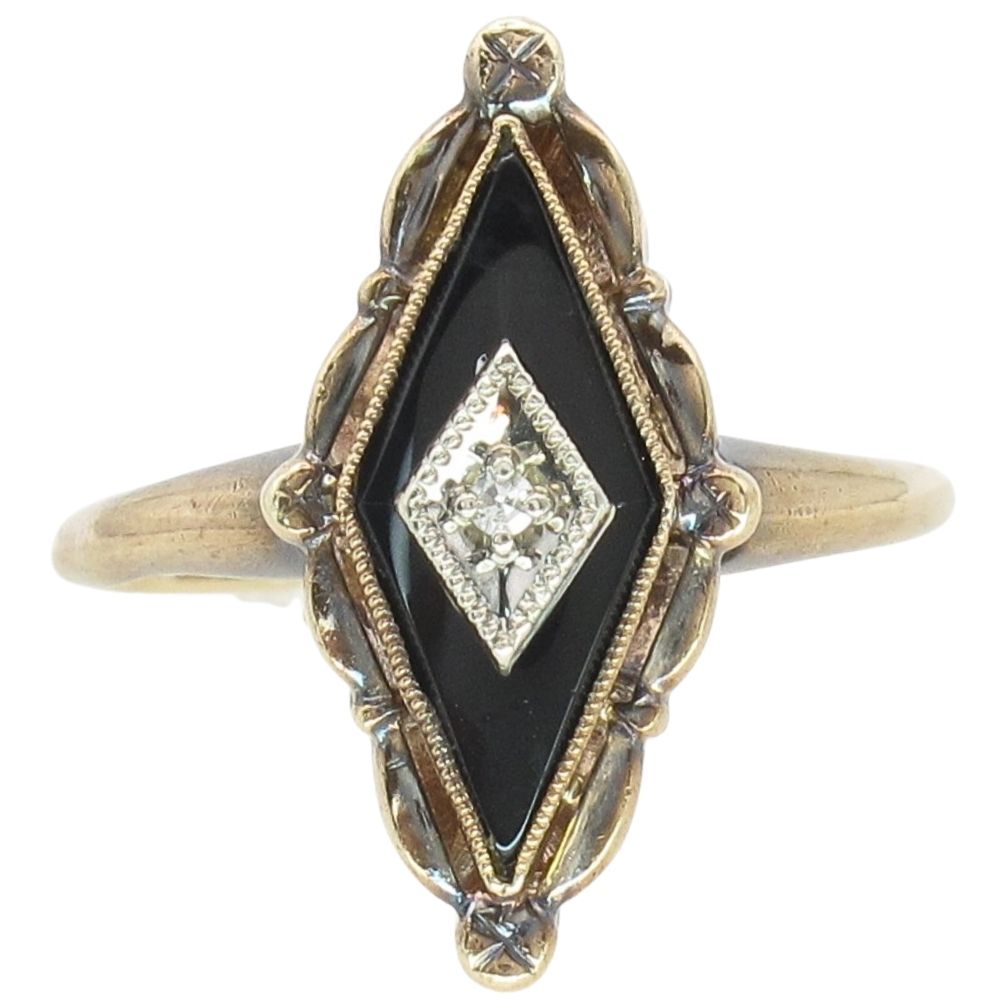 Vintage Lozenge Onyx & Diamond Ring 14k Yellow Gold