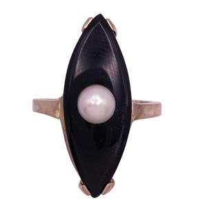 Vintage Navette Onyx Ring with Pearl Center in 14K White Gold