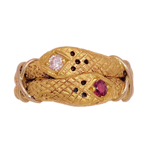 Vintage Symbolic Snake Ring 14K Gold Diamond Ruby Top View
