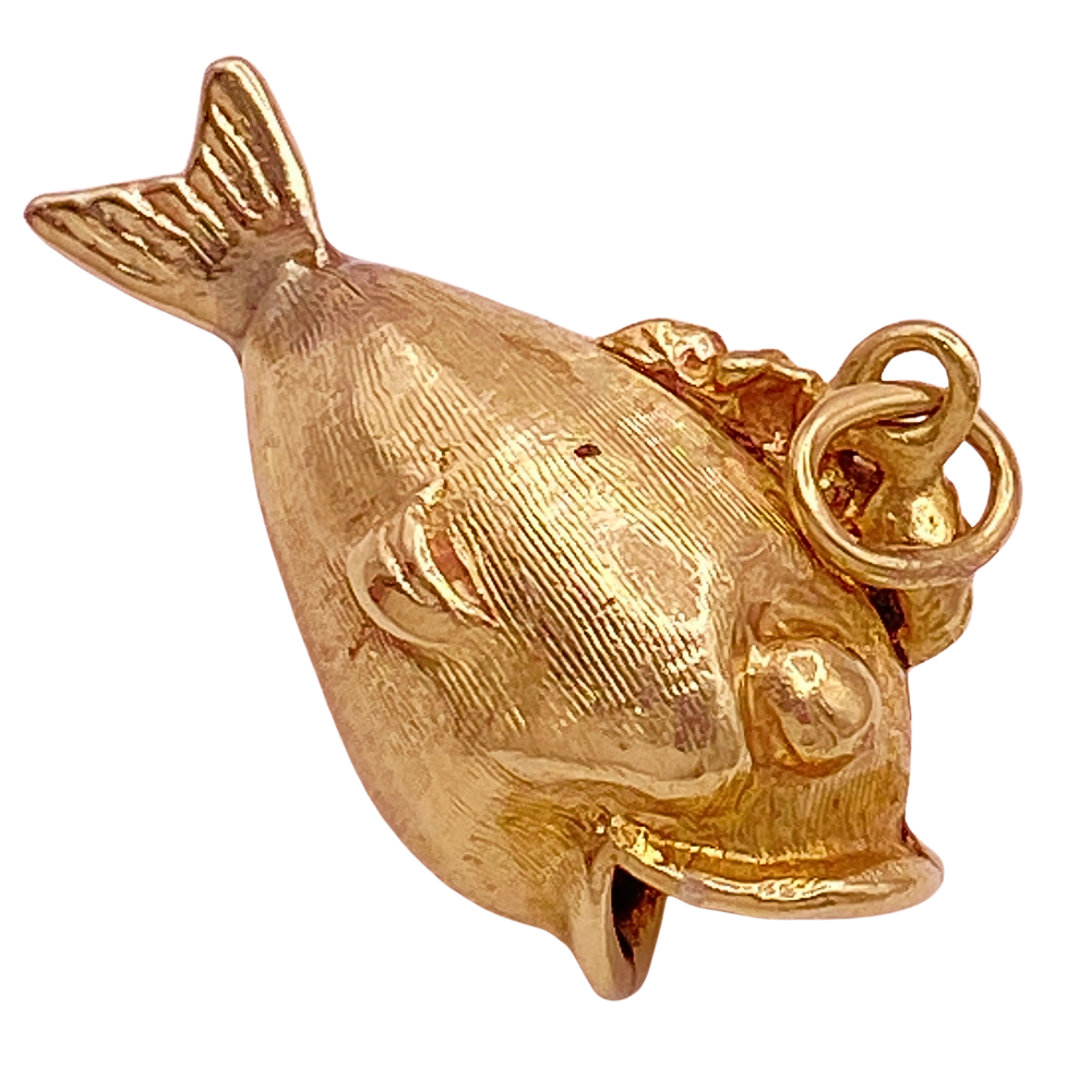 Whimsical Fat Fish Vintage Charm 14K Gold Reversible Three-Dimensional c. 1950’s