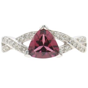 1.02ctw Trillion Rhodolite Garnet Ring 10K White Gold front