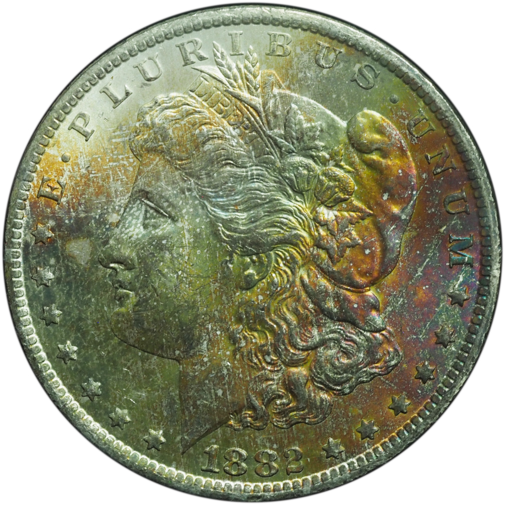 1882-CC Morgan Dollar GSA Hoard MS63+ CAC – Rainbow Toned