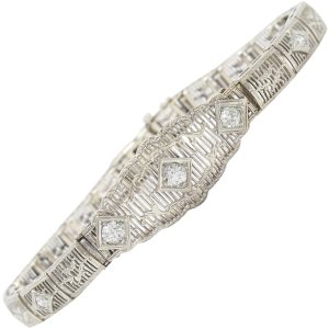Art Deco 0.65ctw Diamond Filigree Bracelet 14K White Gold front