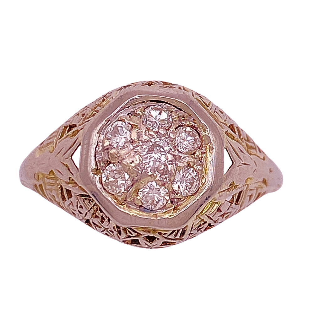 Art Deco Era Diamond Cluster Ring 18K White Gold Filigree .21 Carat TW