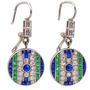 Art Deco Sapphire Emerald Diamond Mosaic Art Deco Drop Earrings