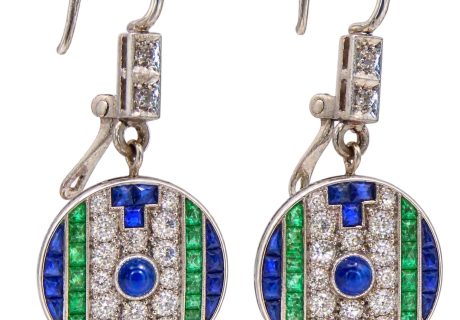 Art Deco Sapphire Emerald Diamond Mosaic Art Deco Drop Earrings