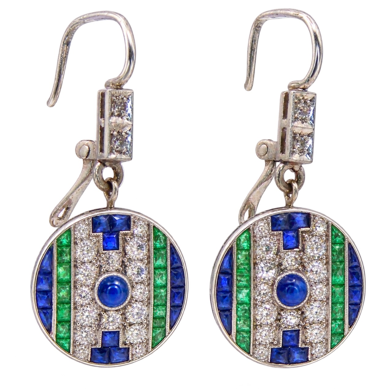Art Deco Sapphire Emerald & Diamond Mosaic Platinum Dangle Earrings