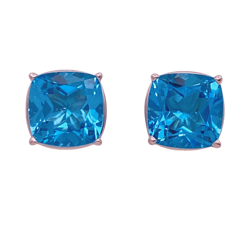 Blue Zircon Stud Earrings 14K White Gold 5.60 Carat TW Cushion Cut