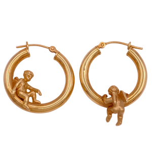 Cherub Angel Hoop Earrings 14K Gold