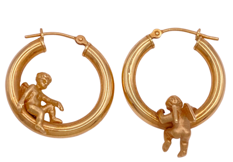 Cherub Angel Hoop Earrings 14K Gold