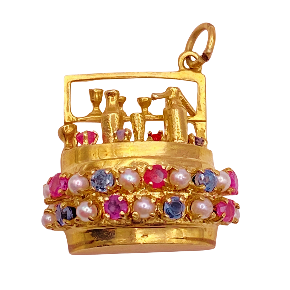 Big Vintage Jeweled Charm Cocktail Bar 14K Gold Three-Dimensional