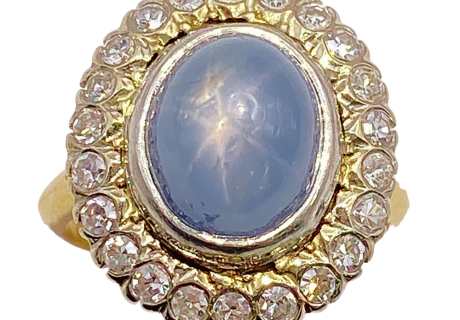 Edwardian Star Sapphire Diamond Halo Ring 14K Plat
