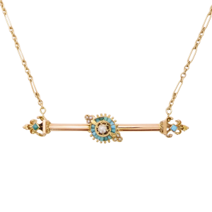 Edwardian Turquoise and Pearl Bar Station Necklace Yellow Gold
