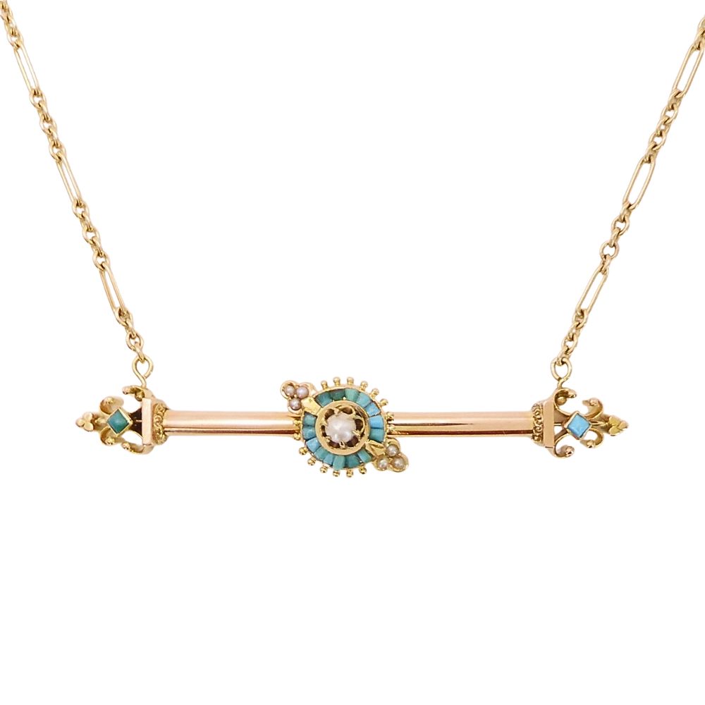 Edwardian Turquoise & Pearl Bar Station Necklace 14k Yellow Gold