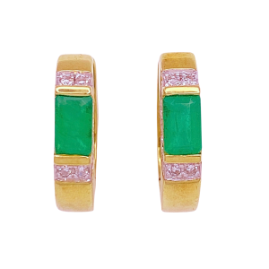 Emerald Diamond Huggie Hoop Earrings 14K Gold