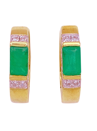 Natural Emerald and Diamond Huggie Hoop Earrings 14K Gold .56 Carat TGW
