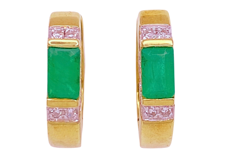 Emerald Diamond Huggie Hoop Earrings 14K Gold
