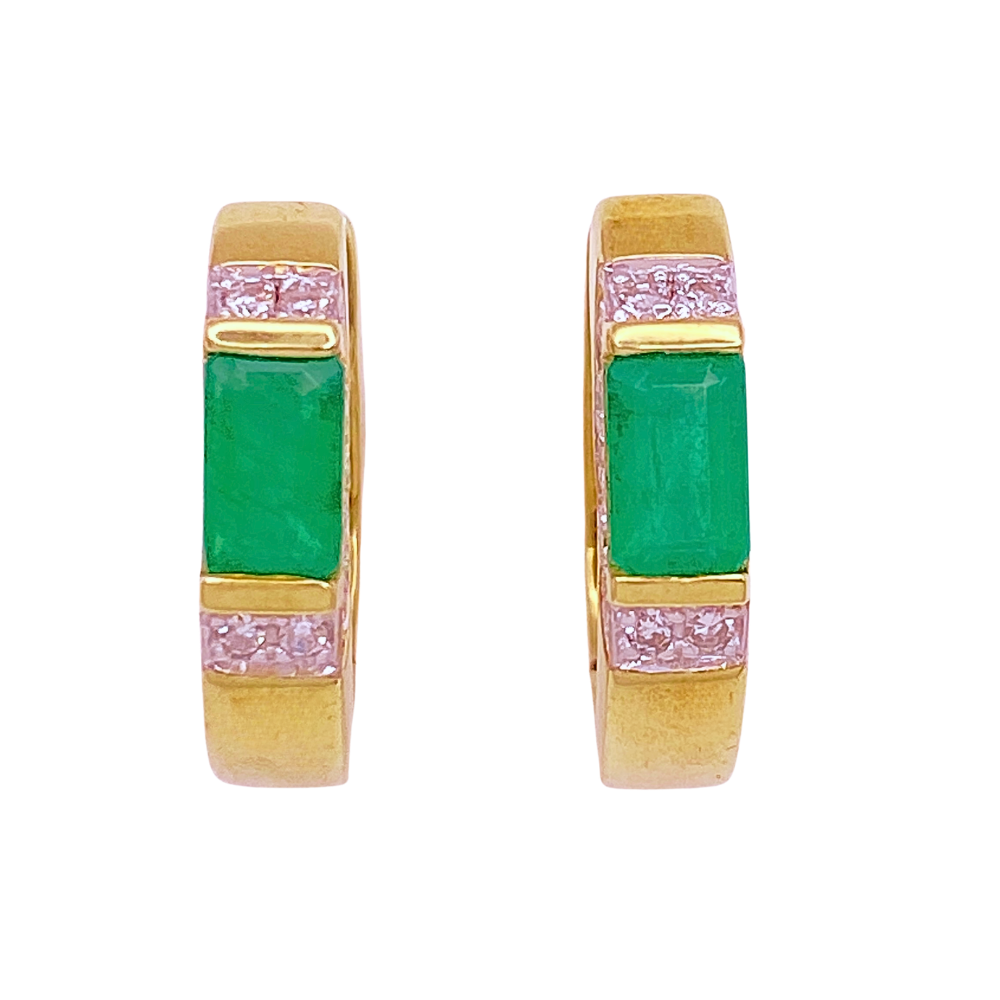 Natural Emerald and Diamond Huggie Hoop Earrings 14K Gold .56 Carat TGW