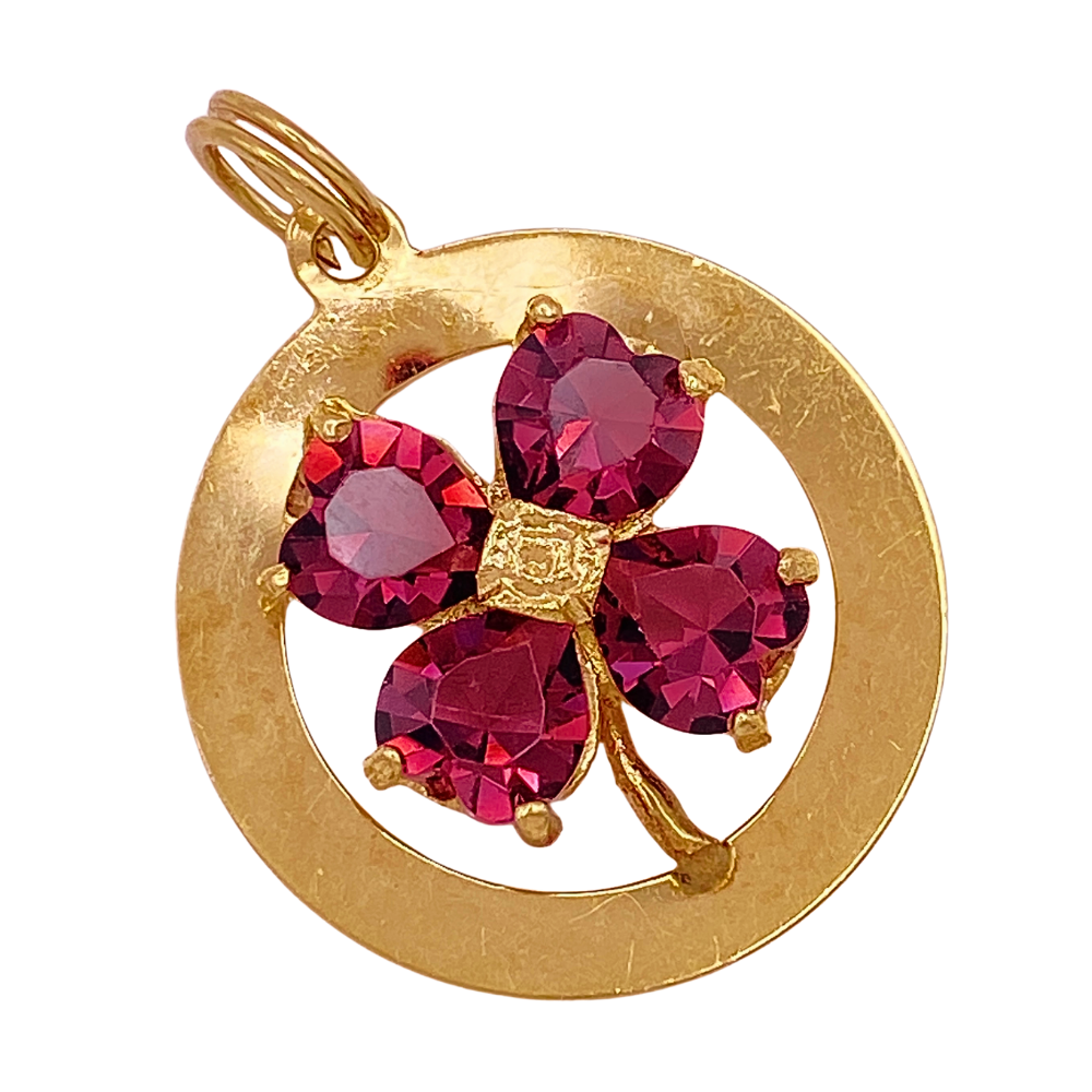 Vintage Lucky Four-Leaf Clover Jeweled Charm 14K Gold Faux Amethyst