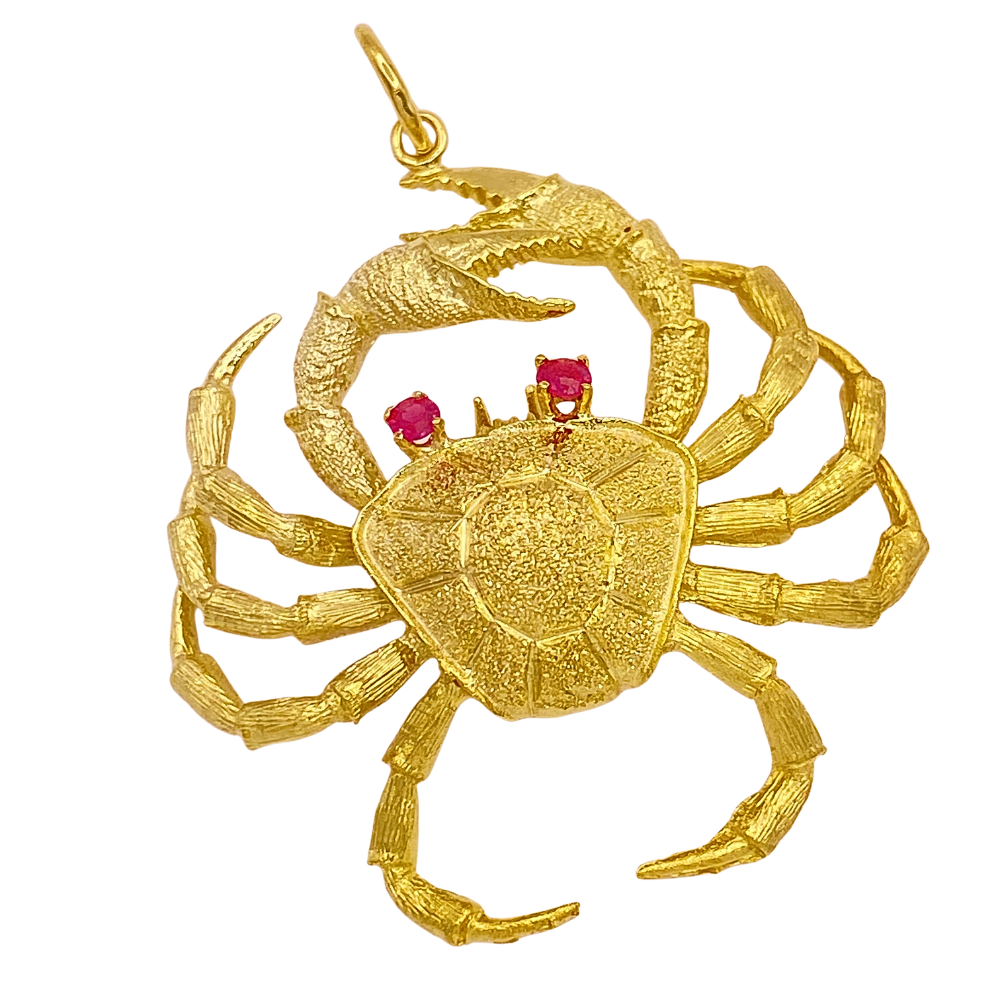 Vintage Figural CRAB Pendant 14K Gold and Ruby .10 Carat TW Three-Dimensional