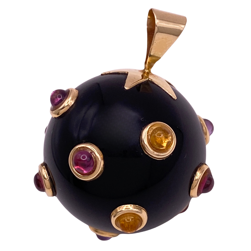 BIG Vintage Colorful Gemstone Studded Onyx Orb Pendant 14K Gold