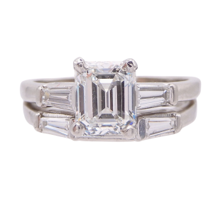 Mid Century GIA Certified 1.75 carat Emerald Platinum Wedding Set