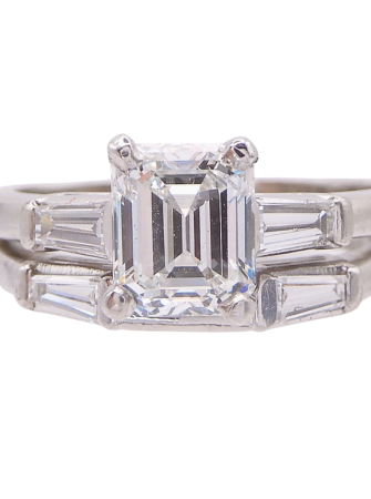 Mid Century 1950's Emerald & Baguette Diamond Wedding Set