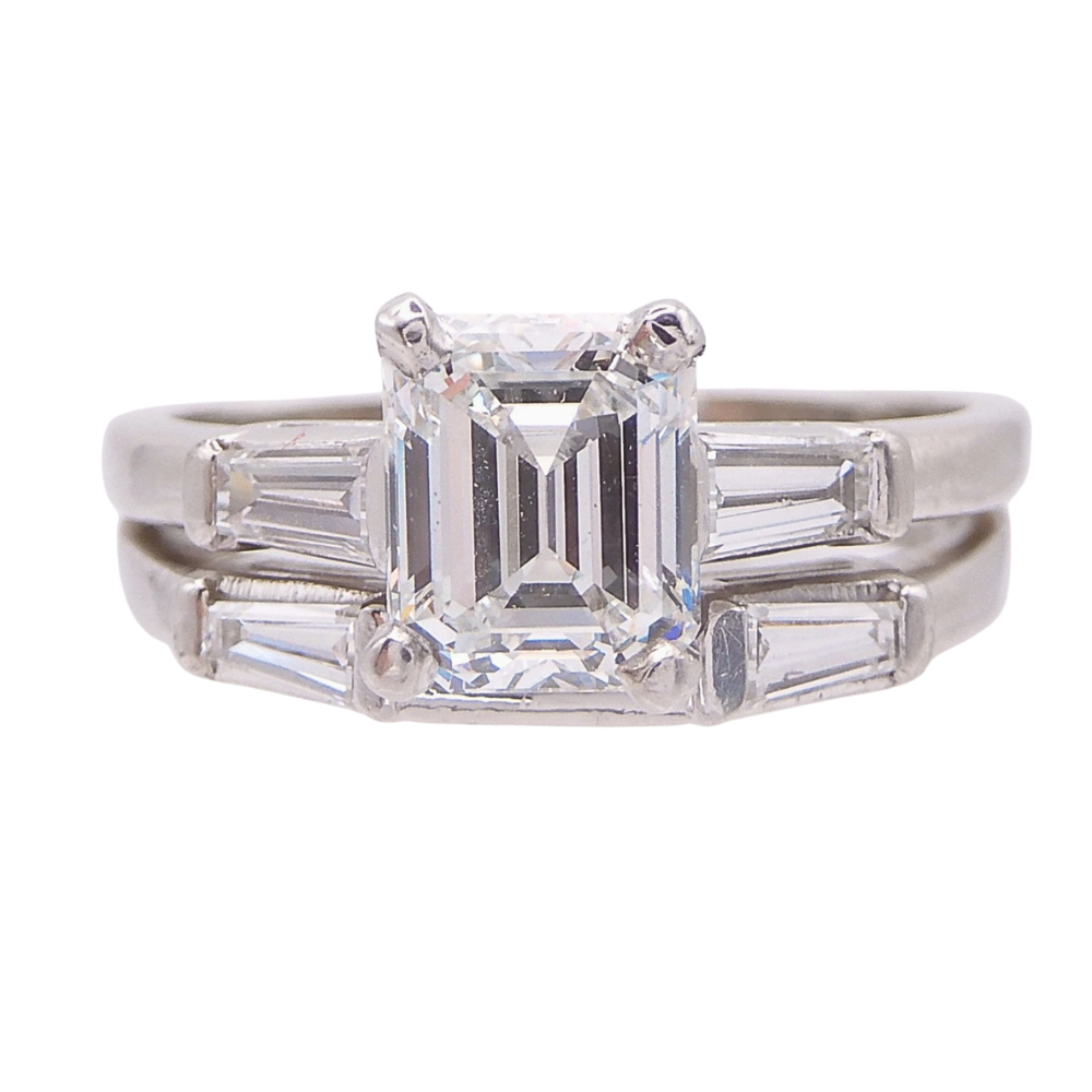 Mid Century 1950’s Emerald & Baguette Diamond Wedding Set