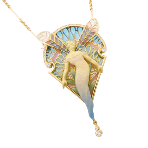 Nouveau 1910 Plique-a-jour and Diamond Winged Fairy 18k Yellow Gold Close Angle