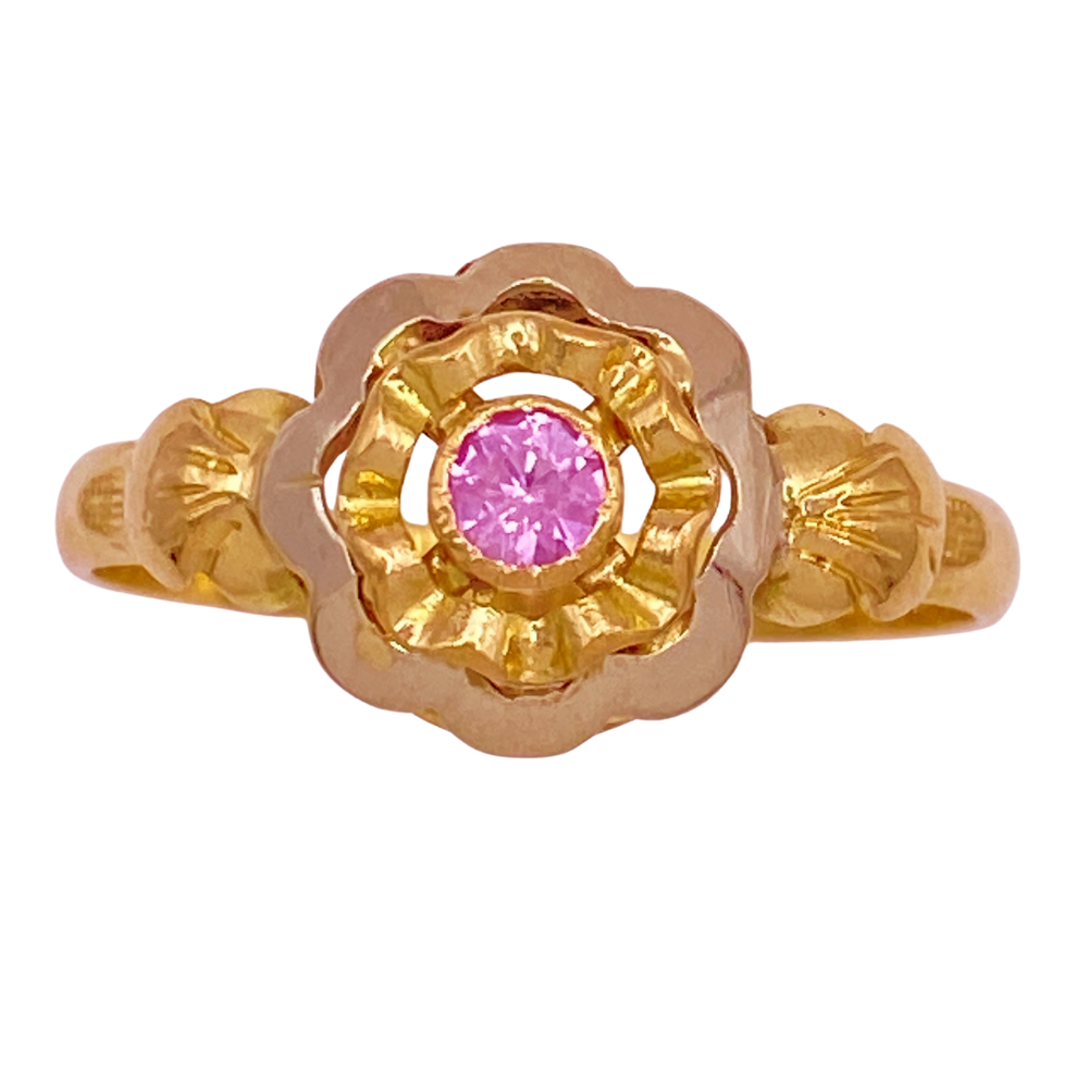 Retro Era Flower Ring 18K Two-Tone Gold Pink Sapphire .16 Carat