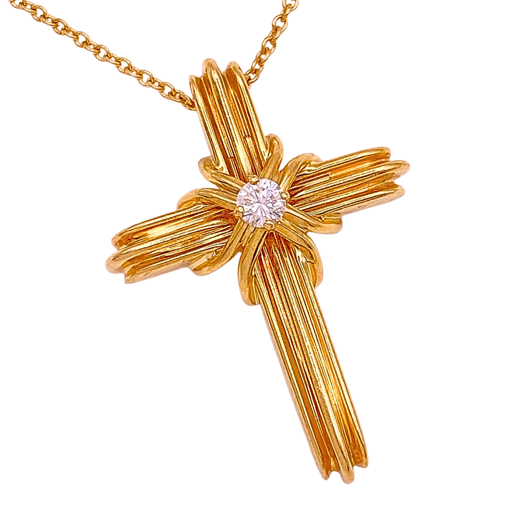Vintage Tiffany & Co Diamond Accent Cross Pendant Necklace 18K Gold .10 Carat