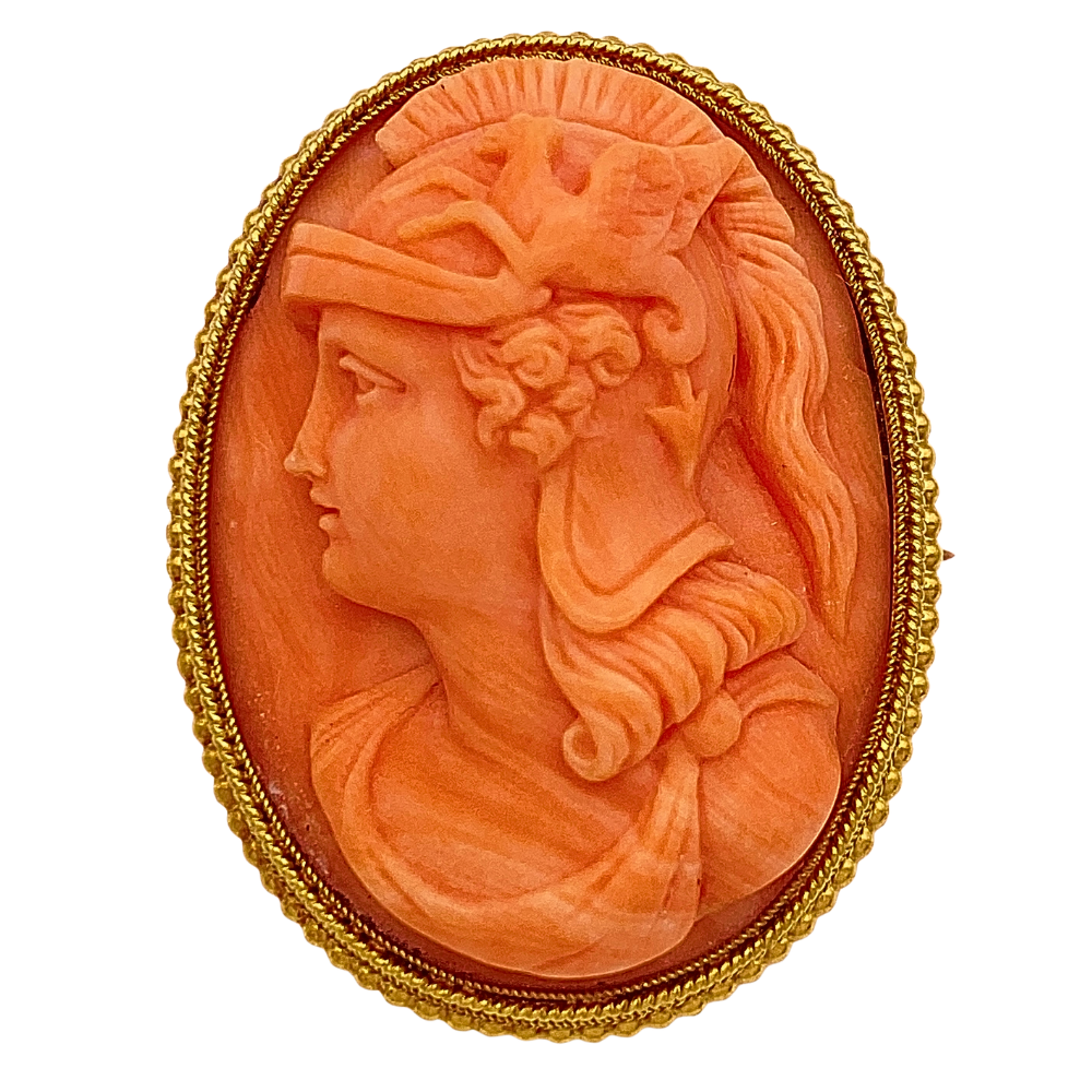 Victorian Cameo Pendant Brooch Carved Coral Greek Goddess Athena 10K Gold