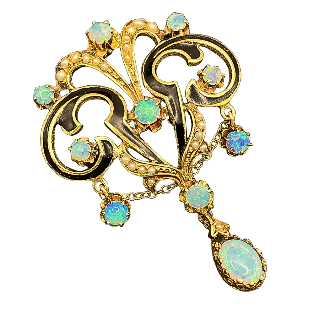 Impressive Victorian Era Festoon Pendant Australian Opal and Seed Pearl 14K Gold Enamel Accent