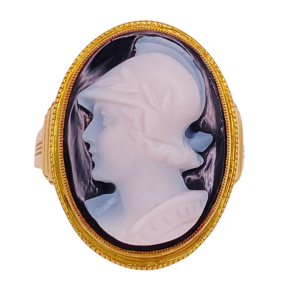 Victorian Era Hardstone Cameo Ring 14K Gold Banded Onyx, Roman Soldier