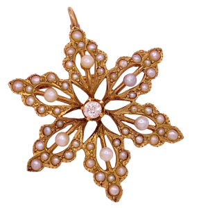 Victorian Pendant Brooch Seed Pearl Diamond 10K