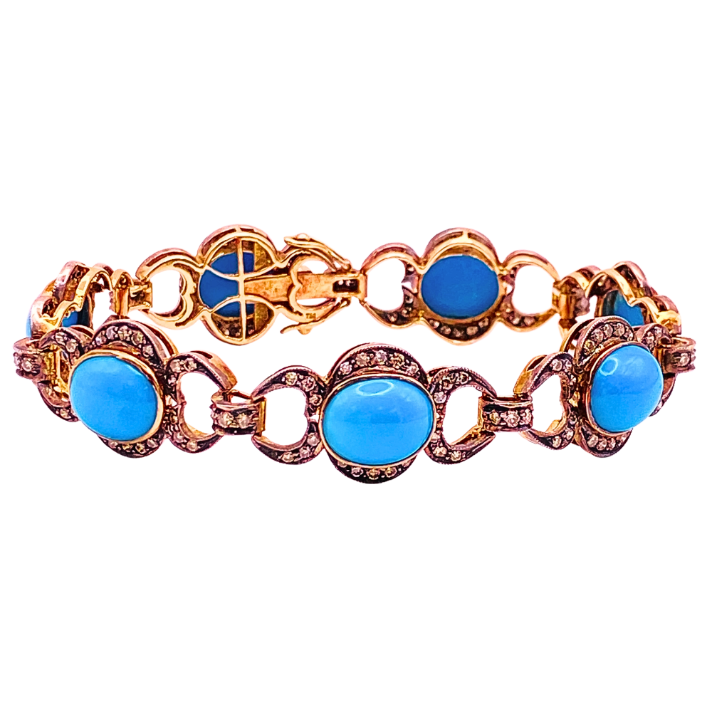 Victorian Revival Bracelet Turquoise and Diamond 18K Gold and Sterling Silver
