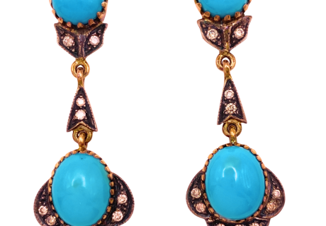 Victorian Revival Dangle Earrings Turquoise Diamond 18K Gold Silver