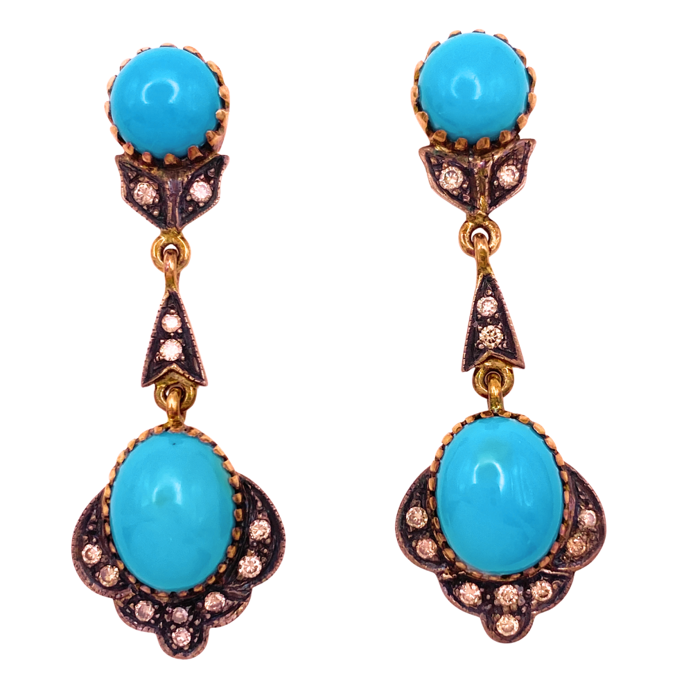 Victorian Revival Dangle Earrings Turquoise Diamond 18K Gold and Sterling Silver