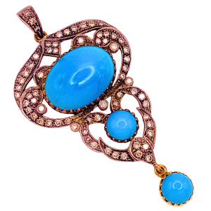 Victorian Revival Pendant Turquoie Diamond 18K gold Silver