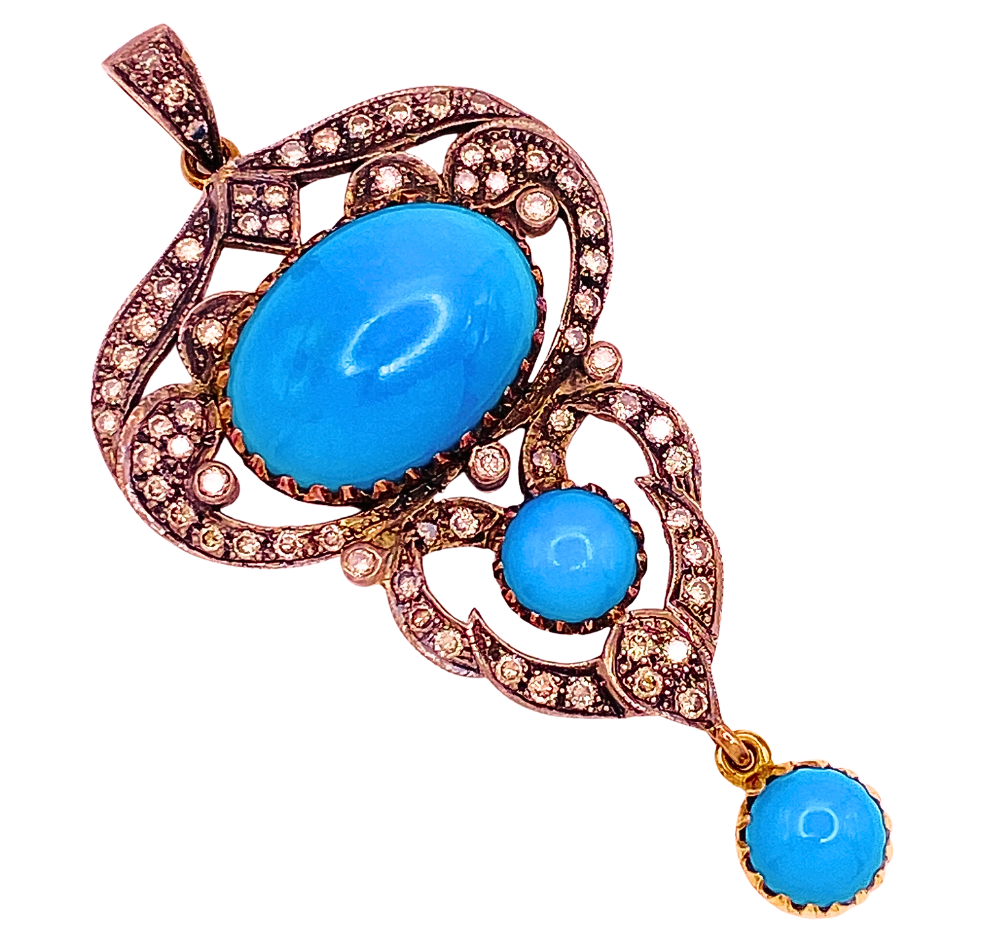 Victorian Revival Pendant Turquoise and Diamond 18K Gold Sterling Silver Top