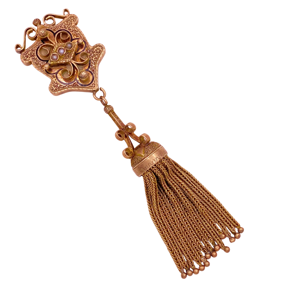Victorian Era Slide Tassel Pendant 10K Gold Seed Pearl and Enamel