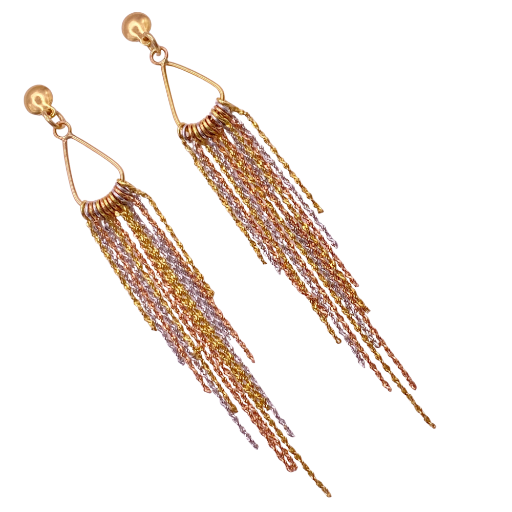 Vintage Long Dangle Tassel Earrings 18K Gold Tri-Color