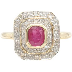 0.31ctw Ruby Ring with Diamond Double Halo in 14K Gold front