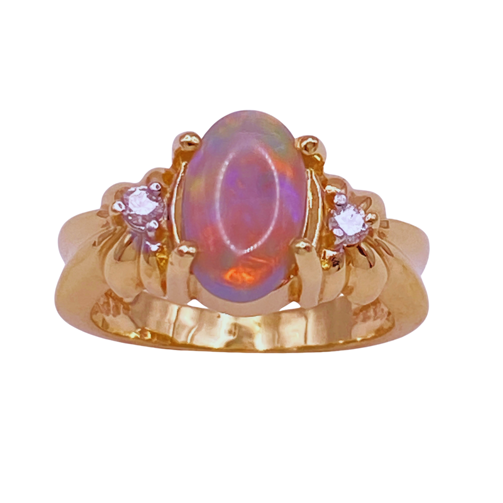 Vintage Ring 14K Gold Natural AAA Opal Cabochon Diamond Accent