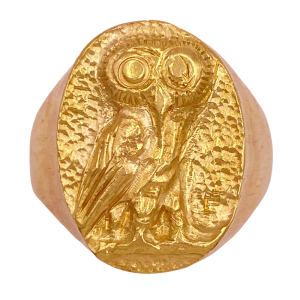 Vintage Signet Statement Ring 14K Gold Athena's Owl, Wisdom Symbol
