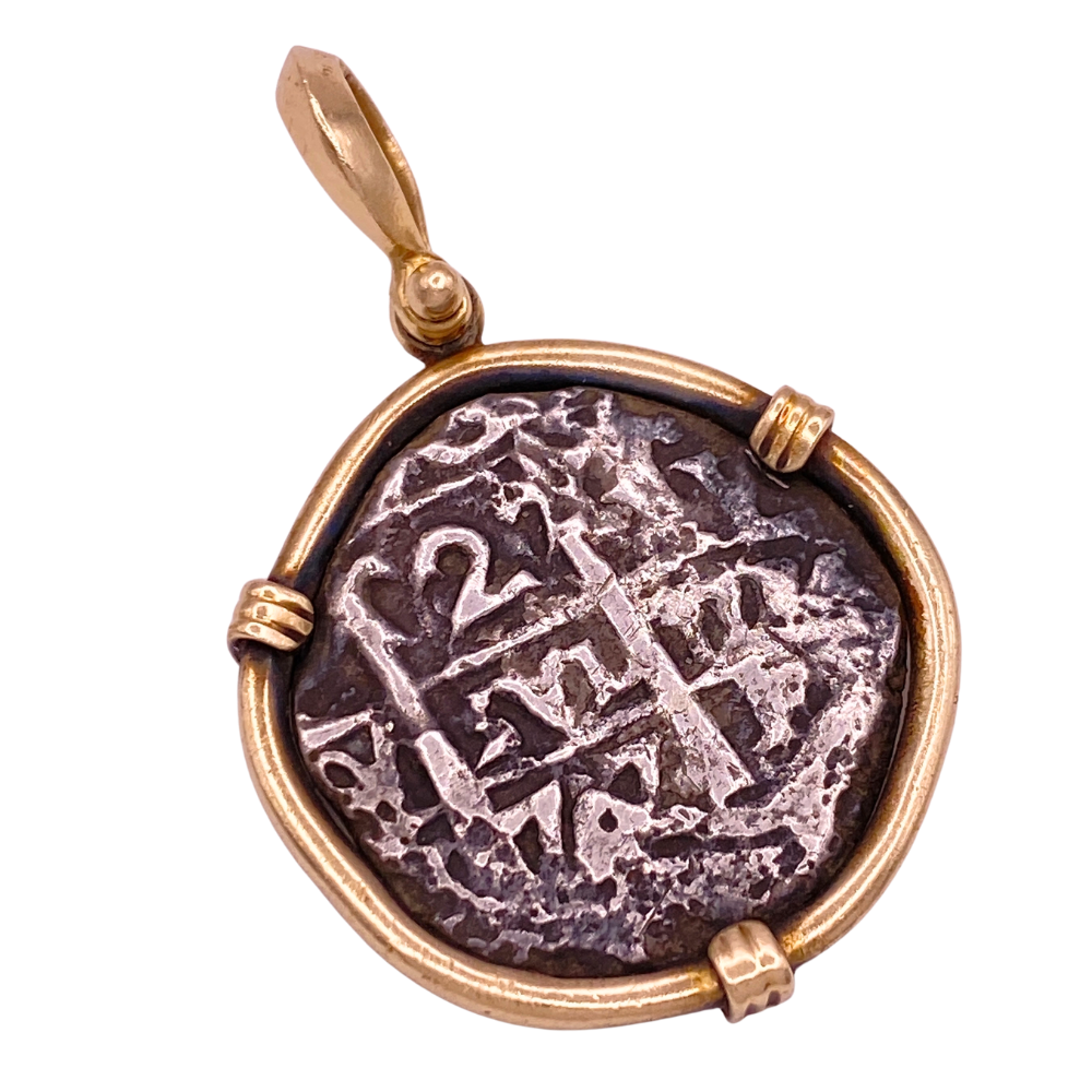 Authentic Shipwreck Coin 2 Reales c. 1770’s in 14K Gold Custom Pendant