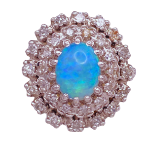 Diamond Double Halo Opal Ring 14KWG