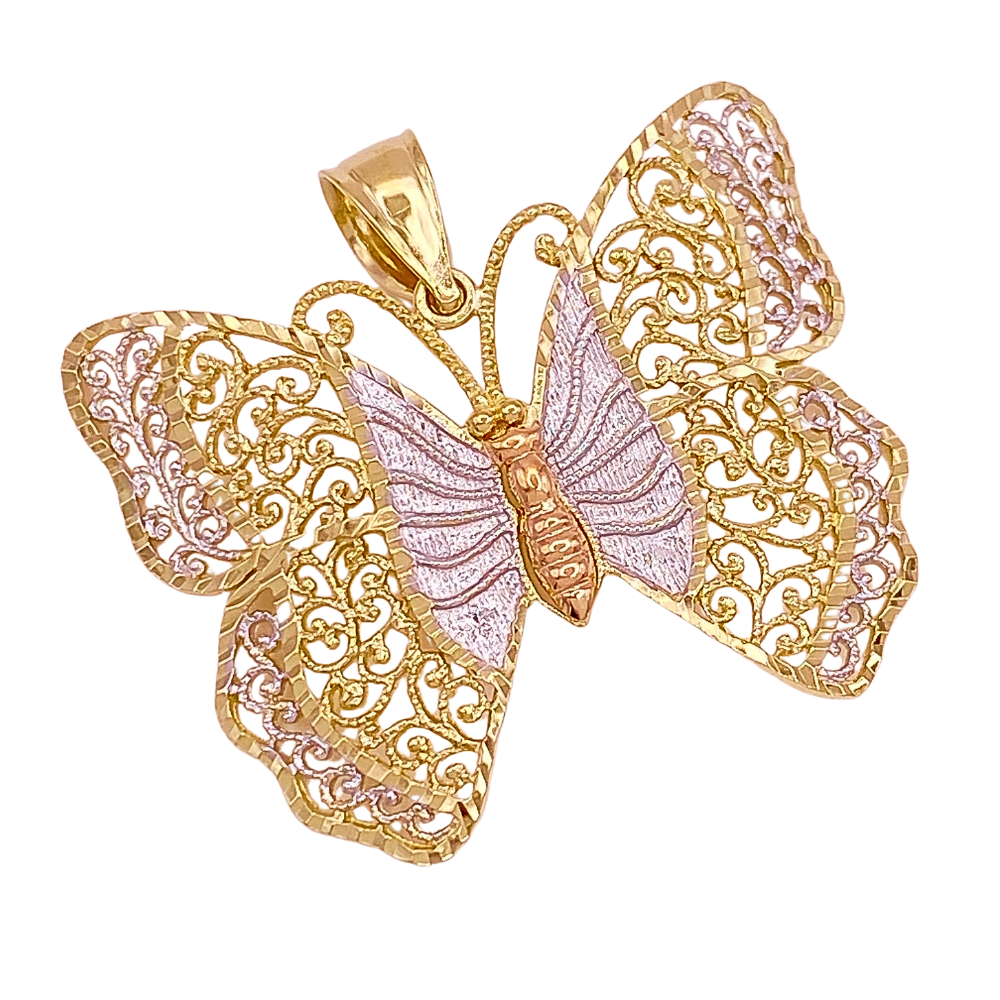 Gorgeous Butterfly Pendant 14K Tri-Color Filigree