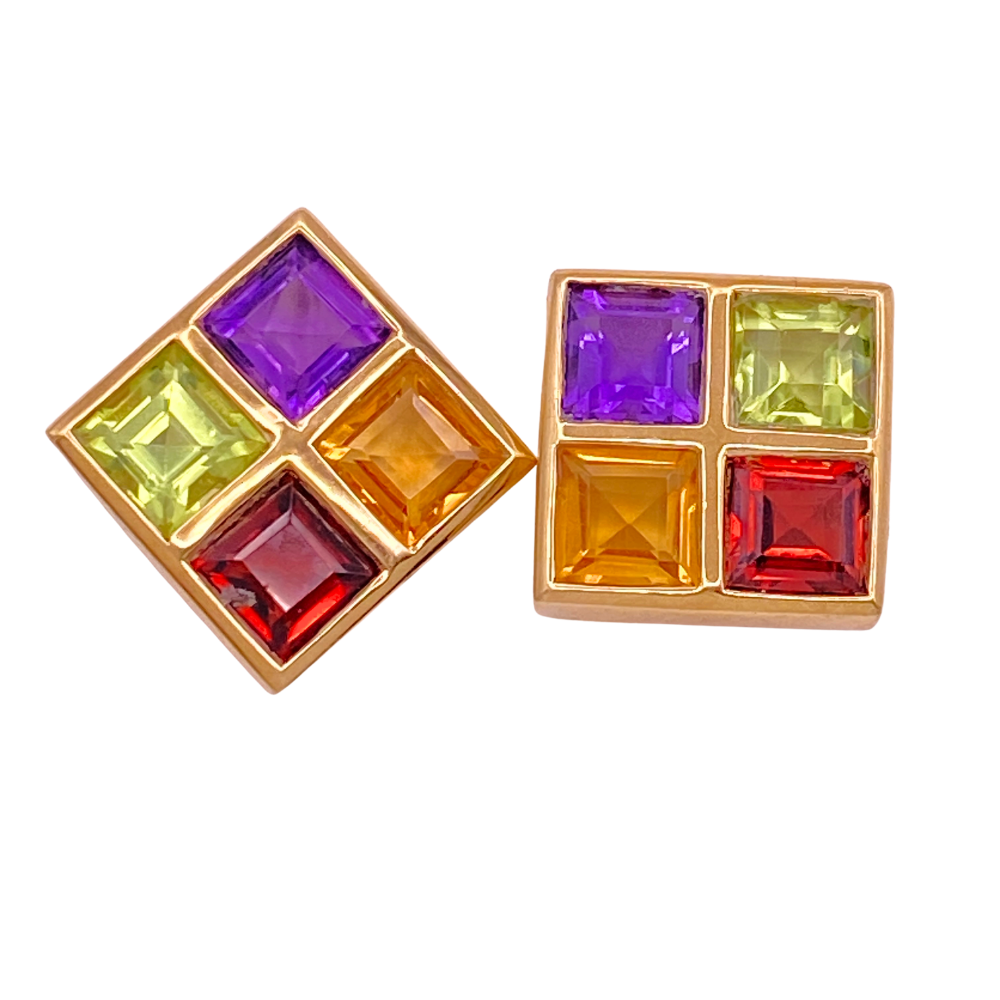Colorful Multi Gemstone Square Stud Earrings 14K Gold 4.38 Carat TGW